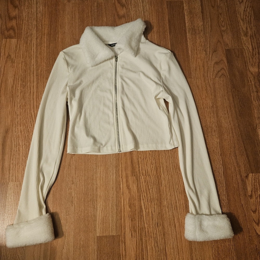 SHEIN White Teddy Jacket with Plush Cuffs